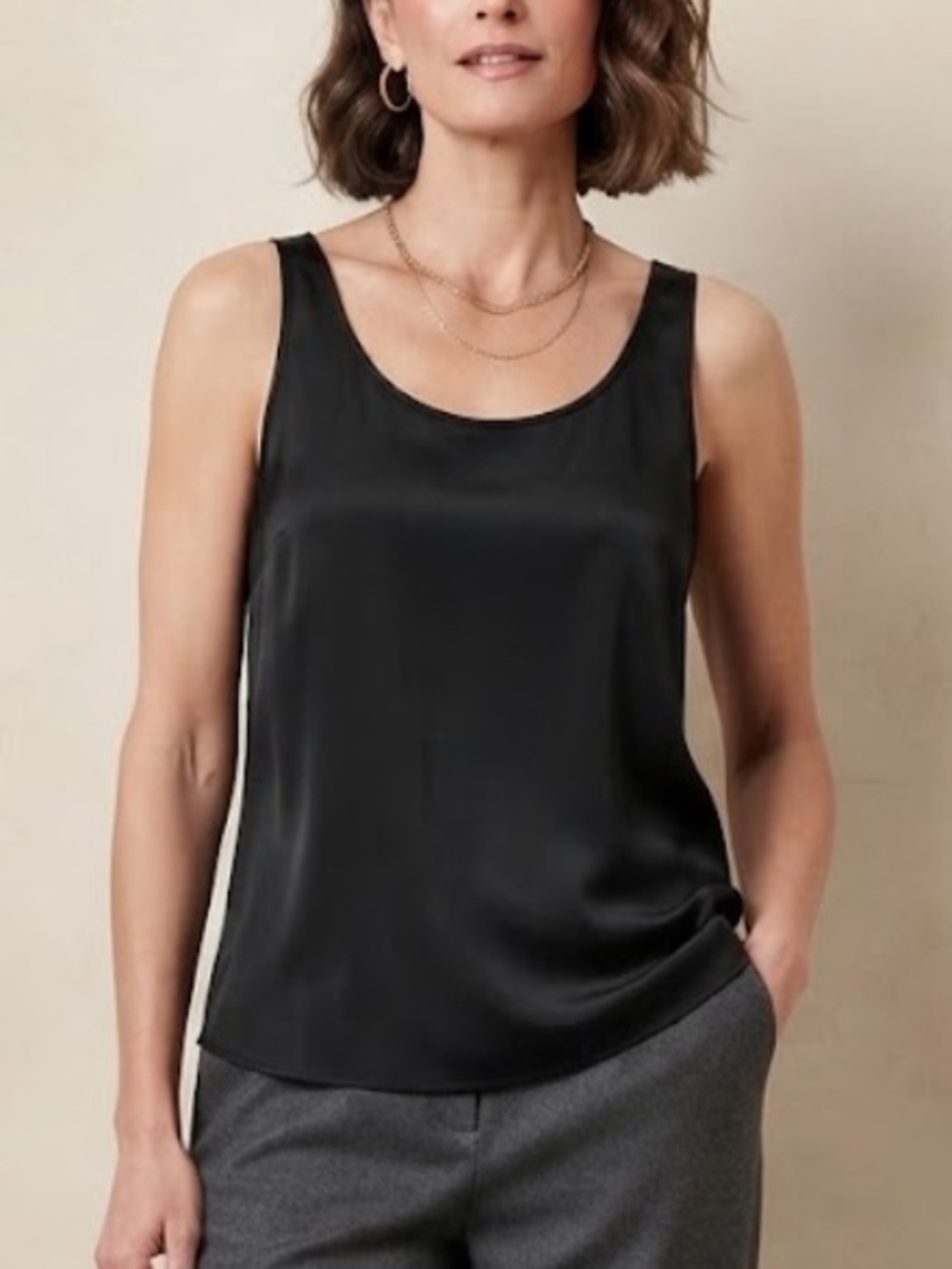 Eileen Fisher 100% Silk knit stretch Scoop Neck Tank Top Layering Basic L